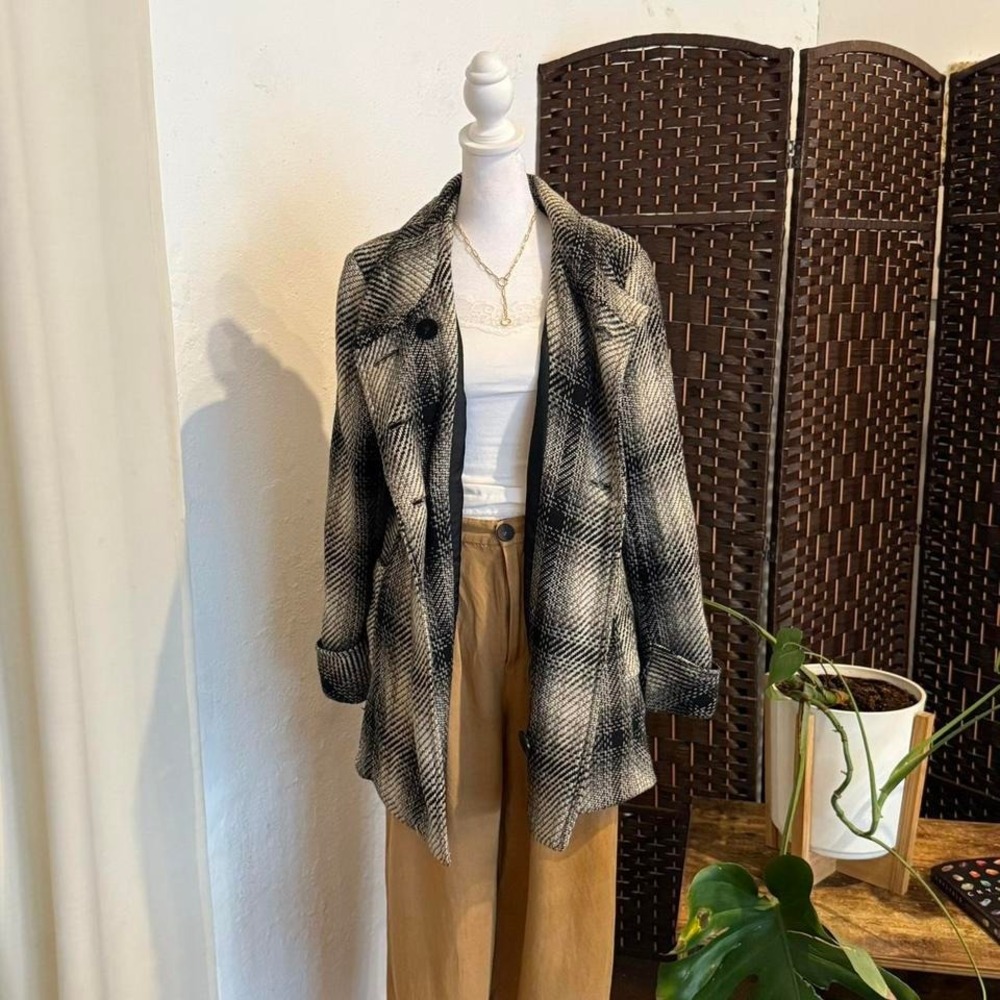 Michael Kors Women's Double Breasted Plaid Overcoat Black and White Size 12